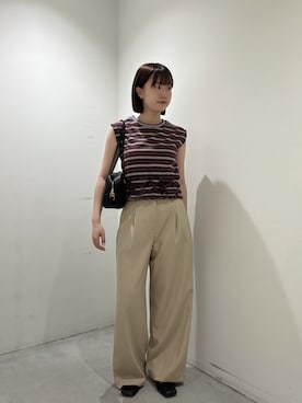 「N.（N. Natural Beauty Basic）（エヌエヌナチュラルビューティーベーシック）のランダムボーダートップス（Tシャツ/カットソー、ブラウン系）」を使った、Honokaさん（レディース・164cm）の夏コーディネート