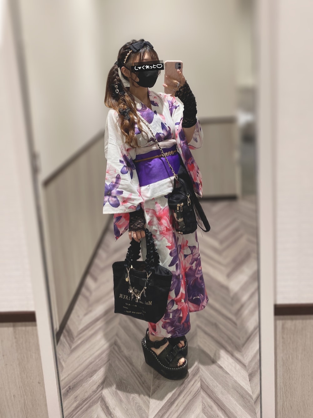 「いいね、save、フォローお願いします🤑、夏、夏コーデ、浴衣、浴衣女子、浴衣アレンジ、ヲタクコーディネート、推し活、オトナカワイイ、ブラック」｜「Maison de FLEURのブランドロゴフリルハンドルトートSバッグ（トートバッグ、ブラック系）」を使った、🐰ㅤメ ｲ ﾒ ｲㅤ🐰さん（骨格ストレート・レディース・154cm）の夏コーディネートの1枚目の写真