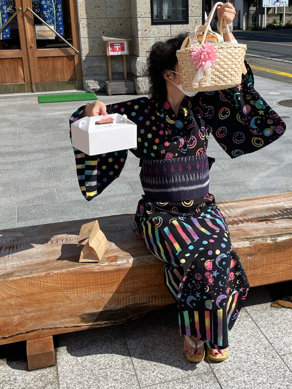 「夏映え浴衣コーデ、ゆかたつき、事務の人の休日、夏たつきてぃー、土曜日のたつきてぃー、7月っ、23日っ、あたらしいやーつ、浴衣」｜「no brandのアイテム（かごバッグ、ベージュ系）」を使った、🐸🐸たつきてぃー🧸さん（レディース・162cm）の夏コーディネートの1枚目の写真