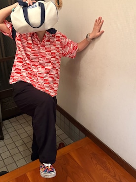 「X-girl（エックスガール）のCOCA-COLA CHECKER S/S SHIRT（シャツ/ブラウス、レッド系）」を使った、🐸🐸たつきてぃー🧸さん（レディース・162cm）の秋コーディネート