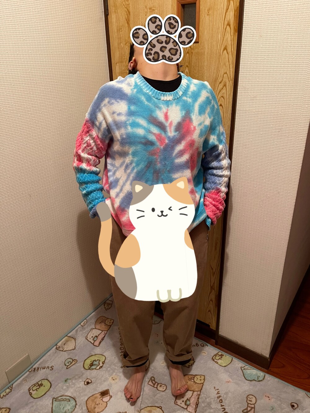 「事務の人、ラッキーカラーはアクア、2月っ、火サスならぬ火たつ、22日っ、冬たつきてぃー」｜「X-girlのTIE DYE KNIT TOP（ニット/セーター、ブルー系）」を使った、🐸🐸たつきてぃー🧸さん（レディース・162cm）の冬コーディネートの1枚目の写真