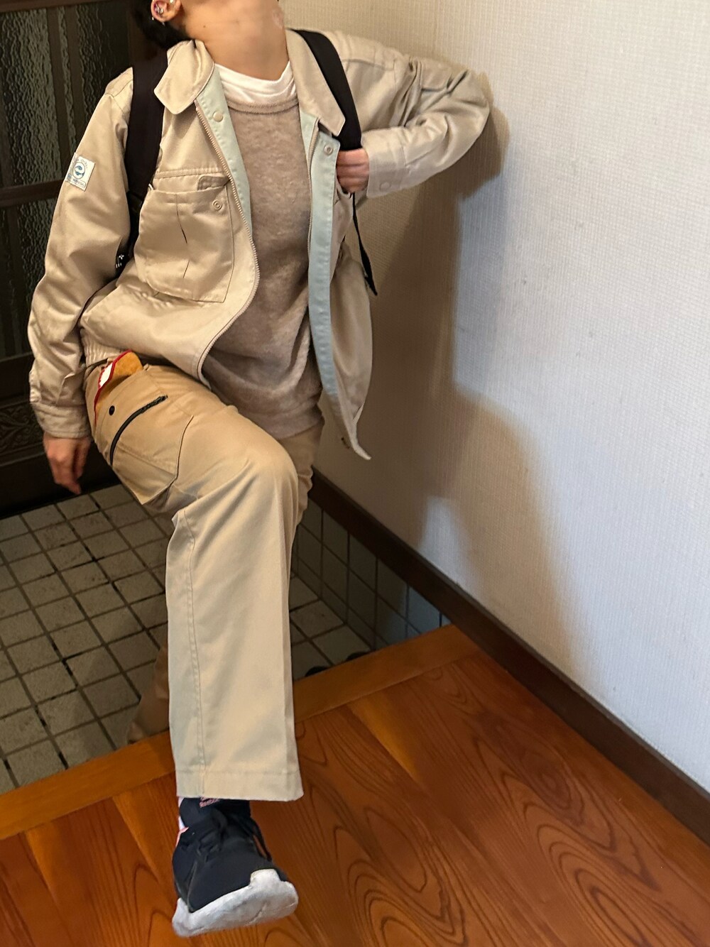 「春たつきてぃー、事務の人、ラッキーカラーはベージュ、木曜日のたつきてぃー、3月っ、23日っ」｜「作業着(2010年製)名前入りのアイテム（その他アウター、ベージュ系）」を使った、🐸🐸たつきてぃー🧸さん（レディース・163cm）の春コーディネートの1枚目の写真