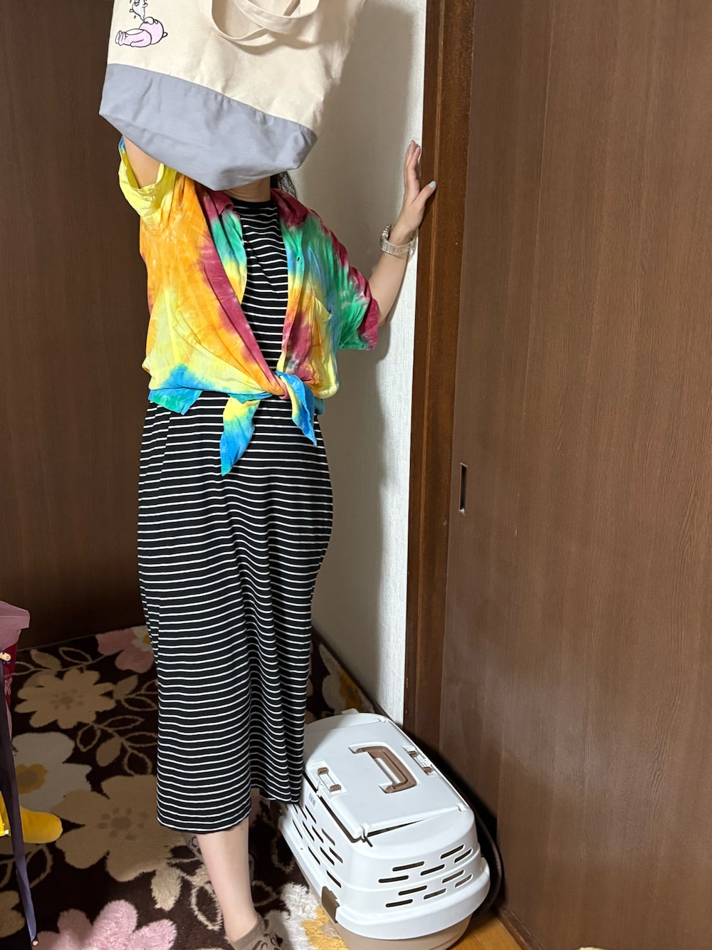 「ラッキーカラーは黒、事務の人、月曜日のたつきてぃー、トートバッグ、夏たつきてぃー、7月っ、28日っ、ボーダー、ロングワンピース、ワンピース」｜「G-SHOCKの40th Anniversary CLEAR REMIX / DW-5040RX-7JR（デジタル腕時計、その他）」を使った、🐸🐸たつきてぃー🧸さん（レディース・162cm）の夏コーディネートの1枚目の写真