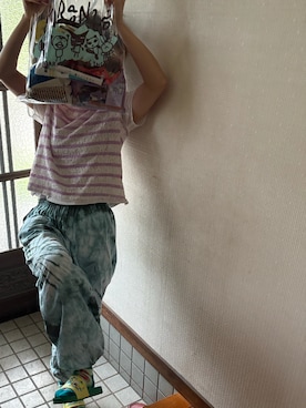 「🇹🇭空港で買ったのアイテム（パンツ、ブルー系）」を使った、🐸🐸たつきてぃー🧸さん（レディース・162cm）の夏コーディネート