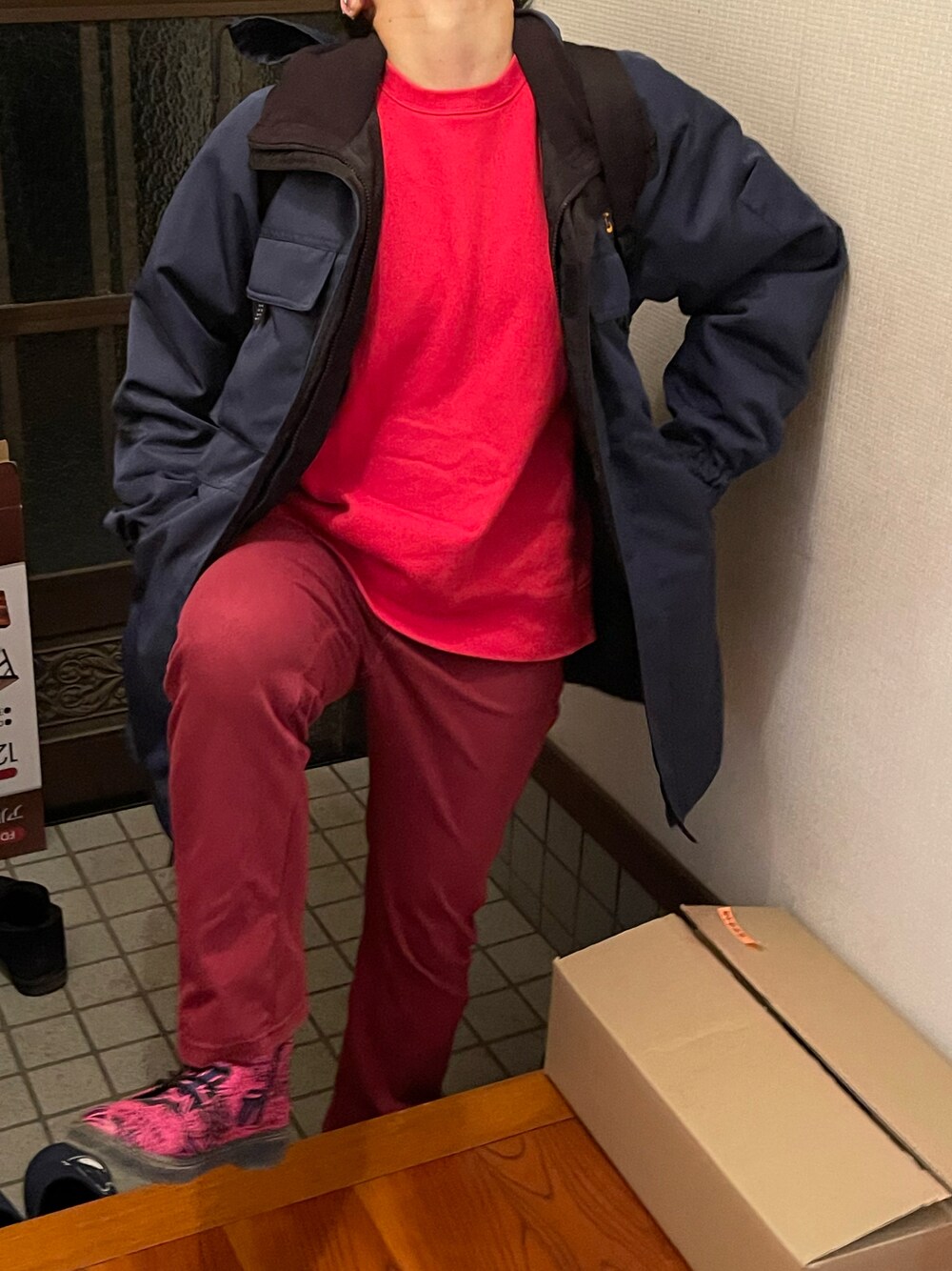 「ショートブーツ、カラーパレット、2月っ、17日っ、木曜日のたつきてぃー、ラッキーカラーは赤、ラッキーカラーはショッキングピンク」｜「防寒着のアイテム（その他アウター、ブルー系）」を使った、🐸🐸たつきてぃー🧸さん（レディース・162cm）の冬コーディネートの1枚目の写真