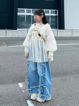 「merry jenny（メリージェニー）のrabbitレースフードtops（Tシャツ/カットソー、グリーン系）」を使った、🍮さん（レディース・147cm）の春コーディネート