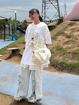 「SPINNS（スピンズ）のコットン付け襟/レース2段（付け襟）」を使った、🍮さん（レディース・147cm）の夏コーディネート
