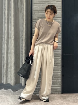 「THE SHOP TK （ザ ショップ ティーケー ）の【S-XL/ひんやりタッチ】多機能フレンチスリーブニット 洗濯機OK/UVケア/毛玉になりにくい（ニット/セーター、ベージュ系）」を使った、ga_ri_0411さん（レディース・158cm）の春コーディネート
