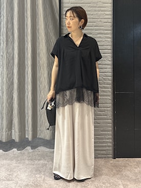 「THE SHOP TK （ザ ショップ ティーケー ）の【ひんやり/体型カバー】裾レース切り替え スキッパーシャツ（シャツ/ブラウス、ブラック系）」を使った、ga_ri_0411さん（レディース・158cm）の夏コーディネート