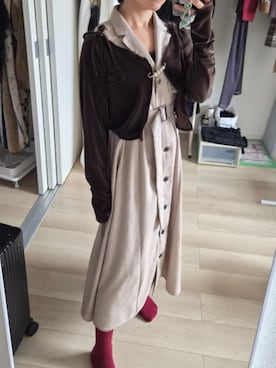 「AZUL by moussy（アズールバイマウジー）のリネンライクジレワンピース（ワンピース、ベージュ系）」を使った、れんさん（レディース・151cm）の秋コーディネート