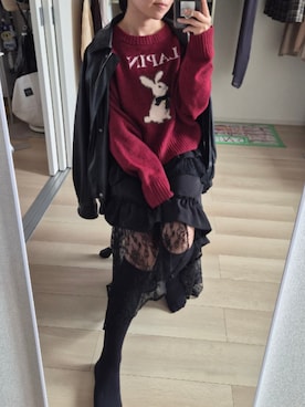 「PALEMOのアイテム（ニット/セーター、レッド系）」を使った、れんさん（レディース・151cm）の秋コーディネート