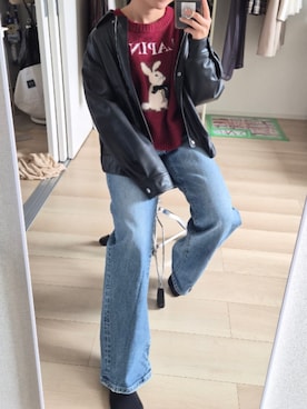 「PALEMOのアイテム（ニット/セーター、レッド系）」を使った、れんさん（レディース・151cm）の秋コーディネート