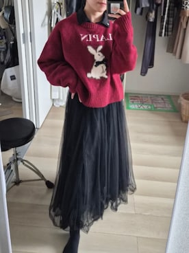 「PALEMOのアイテム（ニット/セーター、レッド系）」を使った、れんさん（レディース・151cm）の秋コーディネート