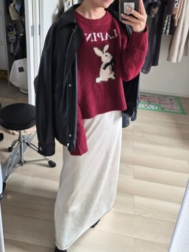 「PALEMOのアイテム（ニット/セーター、レッド系）」を使った、れんさん（レディース・151cm）の秋コーディネート