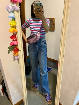 「アイテム（メッセンジャーバッグ、パープル系）」を使った、yunnaさん（レディース・155cm）の夏コーディネート