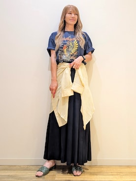 「Right-on（ライトオン）のOther(ソノタ)ローリングストーンズプリント半袖Tシャツ（Tシャツ/カットソー、ブルー系）」を使った、asukaさん（レディース・168cm）の夏コーディネート