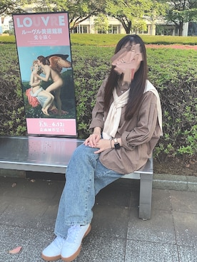 「SHEINのアイテム（デニムパンツ、ブルー系）」を使った、てぃ。さん（レディース・158cm）の春コーディネート