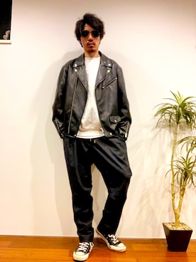 「GUコーデ」｜「アイテム（ライダースジャケット）」を使った、tockyさん（メンズ・176cm）の秋コーディネート