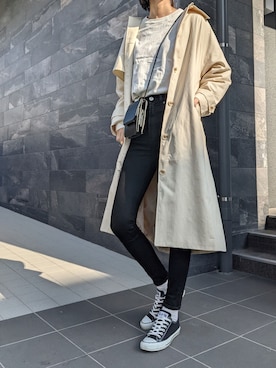 「アイテム（ステンカラーコート、ホワイト系）」を使った、maichinさん（レディース・178cm）の冬コーディネート