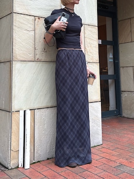 「SLY（スライ）のSHEER CHECK SKIRT シアーチェックスカート 春服（スカート、ブラック系）」を使った、maichinさん（レディース・178cm）の夏コーディネート