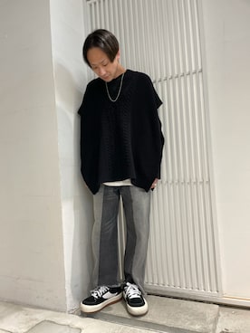 「DANKE SCHON（ダンケシェーン）のDankeSchon/ダンケシェーン/リメイクデニム/RemakeDenim 90degrees（デニムパンツ、ブラック系）」を使った、Junya Kasugaさん（メンズ・170cm）の秋コーディネート