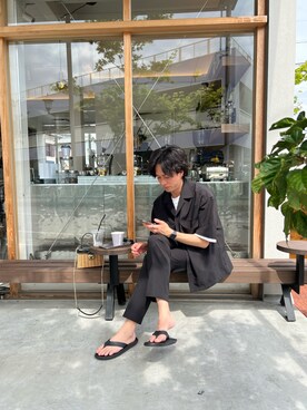 「ISLAND SLIPPER（アイランドスリッパ）のISLAND SLIPPER / PB202/BLACK/レザーサンダル（サンダル、ブラック系）」を使った、hayatoさん（メンズ・170cm）の夏コーディネート