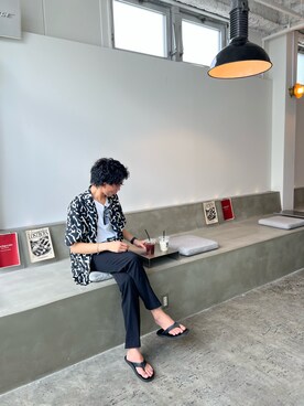 「ISLAND SLIPPER（アイランドスリッパ）のISLAND SLIPPER / PB202/BLACK/レザーサンダル（サンダル、ブラック系）」を使った、hayatoさん（メンズ・170cm）の夏コーディネート