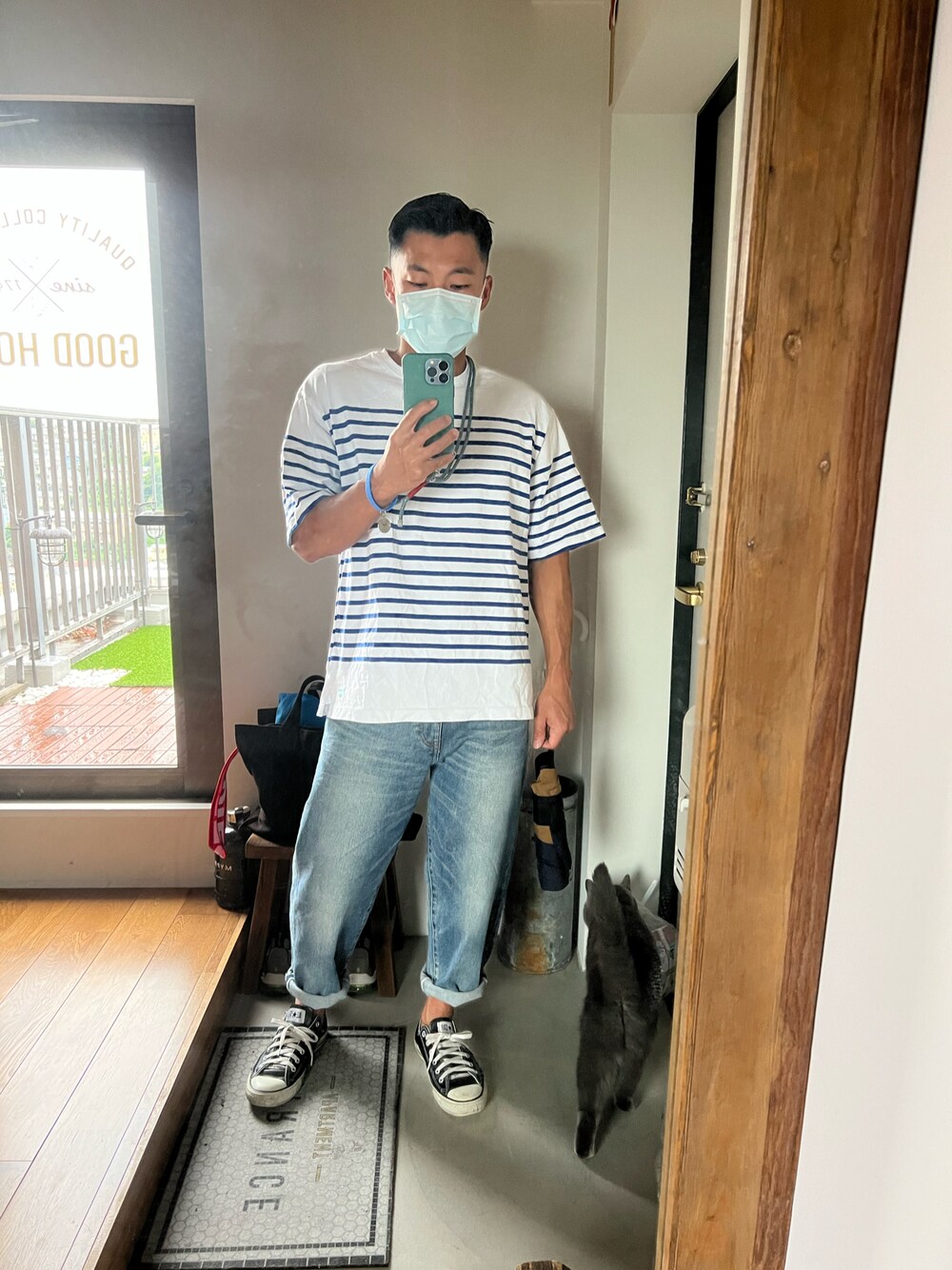 「休日コーデ、夏コーデ、マーリンみたい、ボーター」｜「FREAK'S STOREのVULCAIN/バルカン パネルボーダー 半袖Tシャツ/ビックシルエット（Tシャツ/カットソー、ホワイト系）」を使った、ハチさん（メンズ・162cm）の夏コーディネートの1枚目の写真