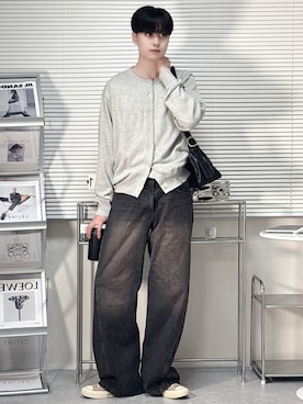 「WYM LIDNM（ウィム バイ リドム）のT/C CREW COMPACT CARDIGAN（カーディガン/ボレロ、グレー系）」を使った、SHOTAさん（メンズ・176cm）の春コーディネート