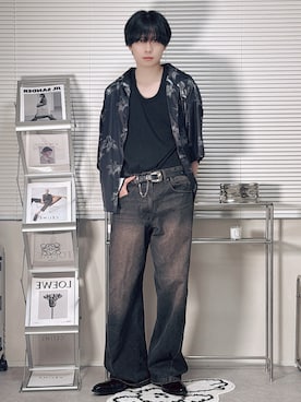 「WYM LIDNM（ウィム バイ リドム）のVINTAGE WASHED CURVED DENIM（デニムパンツ、ブラック系）」を使った、SHOTAさん（メンズ・176cm）の夏コーディネート