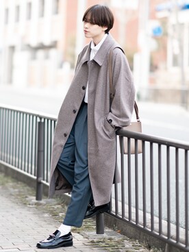 「EMMA CLOTHES（エマクローズ）のアイテム（ステンカラーコート）」を使った、SHOTAさん（メンズ・176cm）の冬コーディネート