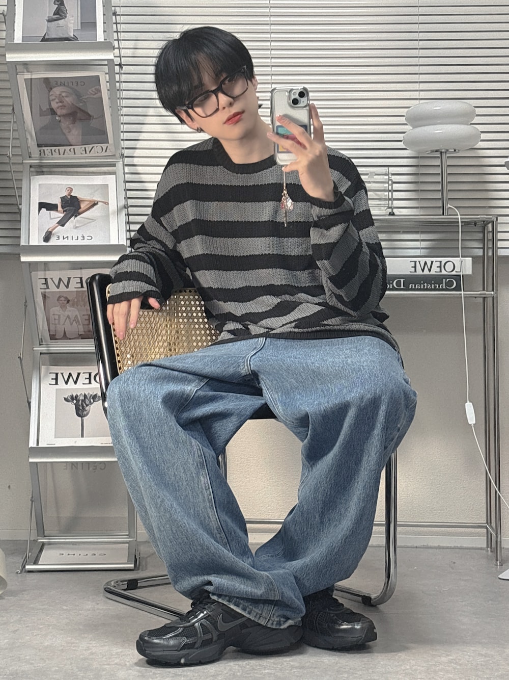 「3.3 Field Trip の3.3 Field Trip／メッシュボーダーニット（ニット/セーター、グレー系）」を使った、SHOTAさん（メンズ・176cm）の春コーディネートの1枚目の写真