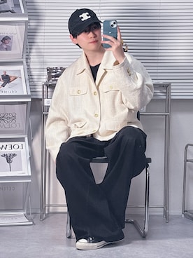 「selle glant（セレグランテ）のCROSS TUCK WIDE SLACKS PANTS/クロスタックワイドスラックスパンツ（スラックス、ブラック系）」を使った、SHOTAさん（メンズ・176cm）の春コーディネート