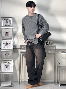 「WYM LIDNM（ウィム バイ リドム）のCURVED SEEM COLD DYED L/S TEE（Tシャツ/カットソー、グレー系）」を使った、SHOTAさん（メンズ・176cm）の春コーディネート