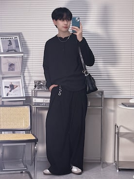 「Rocky Monroe（ロッキーモンロー）のオーバーサイズ T/Cワッフルヘンリーネック長袖Tシャツ（Tシャツ/カットソー、ブラック系）」を使った、SHOTAさん（メンズ・176cm）の春コーディネート