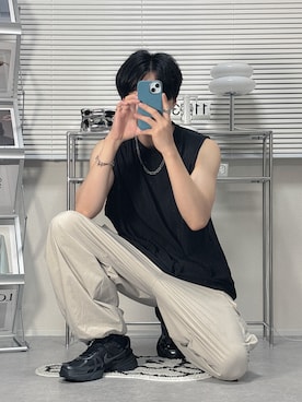 「WYM LIDNM（ウィム バイ リドム）のアイテム（カーゴパンツ）」を使った、SHOTAさん（メンズ・176cm）の夏コーディネート