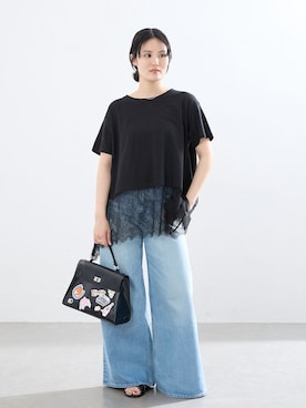 「IENA（イエナ）のレースドッキングTシャツ（Tシャツ/カットソー、ブラック系）」を使った、rioさん（レディース）の春コーディネート
