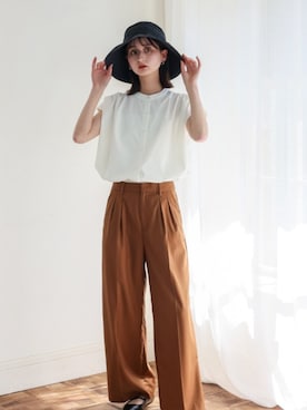 「No Rule No Line（ノール－ルノーライン）のリラックスフレンチスリーブ バンドカラートップス バンドカラーシャツ（Tシャツ/カットソー、ホワイト系）」を使った、VitaFeliceさん（レディース・169cm）の春コーディネート