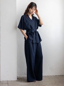 「No Rule No Line（ノール－ルノーライン）のウエストリボン付きセットアップ 半袖 ワイドパンツ リラックス 春服（セットアップ、ブルー系）」を使った、VitaFeliceさん（レディース・169cm）の夏コーディネート