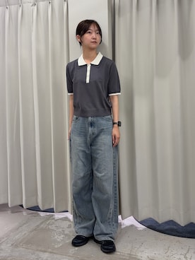 「SENSE OF PLACE by URBAN RESEARCH(センスオブプレイスバイアーバンリサーチ)の『WEB限定』『洗濯可』メタルボタンハイショクニットポロシャツ(ポロシャツ、グレー系)」を使った、カワグチさん(レディース・164cm)の夏コーディネート