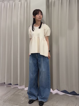 「SENSE OF PLACE by URBAN RESEARCH(センスオブプレイスバイアーバンリサーチ)の『洗濯可』ランタンスリーブペプラムセーター(ニット/セーター、ホワイト系)」を使った、カワグチさん(レディース・164cm)の春コーディネート
