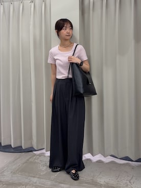 「SENSE OF PLACE by URBAN RESEARCH(センスオブプレイスバイアーバンリサーチ)のラウンドネックリブTシャツ(半袖)(Tシャツ/カットソー、ピンク系)」を使った、カワグチさん(レディース・164cm)の夏コーディネート