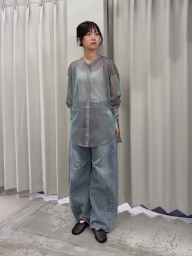 「SENSE OF PLACE by URBAN RESEARCH(センスオブプレイスバイアーバンリサーチ)のバンドカラーシャンブレーシアーシャツ(シャツ/ブラウス、グリーン系)」を使った、カワグチさん(レディース・164cm)の春コーディネート