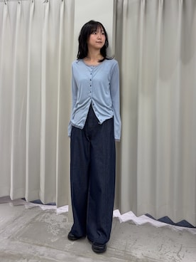 「SENSE OF PLACE by URBAN RESEARCH(センスオブプレイスバイアーバンリサーチ)のチュールシアーレイヤードカットカーディガン(カーディガン/ボレロ、ブルー系)」を使った、カワグチさん(レディース・164cm)の春コーディネート