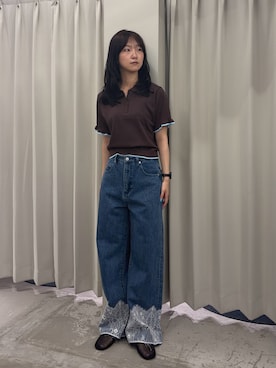 「SENSE OF PLACE by URBAN RESEARCH(センスオブプレイスバイアーバンリサーチ)の『洗濯可』フリルニットポロシャツ(ニット/セーター、ブラウン系)」を使った、カワグチさん(レディース・164cm)の春コーディネート