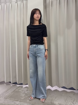 「SENSE OF PLACE by URBAN RESEARCH(センスオブプレイスバイアーバンリサーチ)のシアードレープトップ(半袖)(Tシャツ/カットソー、ブラック系)」を使った、カワグチさん(レディース・164cm)の夏コーディネート