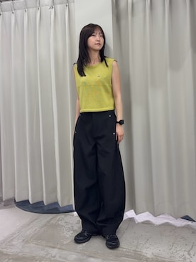 「SENSE OF PLACE by URBAN RESEARCH(センスオブプレイスバイアーバンリサーチ)の『洗濯可』リネンタッチクロップドセーター(ニット/セーター、イエロー系)」を使った、カワグチさん(レディース・164cm)の夏コーディネート