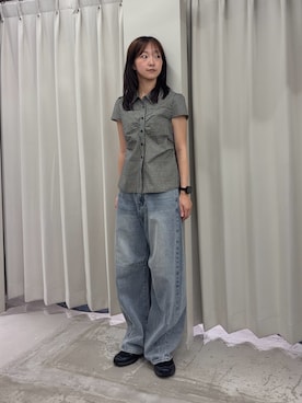 「SENSE OF PLACE by URBAN RESEARCH(センスオブプレイスバイアーバンリサーチ)のパフスリーブコンパクトギャザーシャツ(シャツ/ブラウス、ブラック系)」を使った、カワグチさん(レディース・164cm)の夏コーディネート