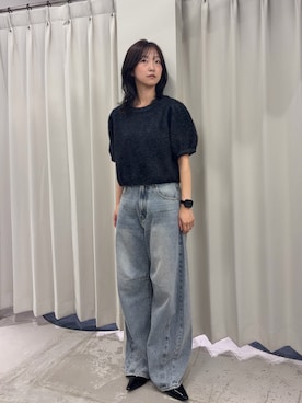 「SENSE OF PLACE by URBAN RESEARCH(センスオブプレイスバイアーバンリサーチ)の『洗濯可』フサフサハーフスリーブニット(ニット/セーター、ブラック系)」を使った、カワグチさん(レディース・164cm)の夏コーディネート