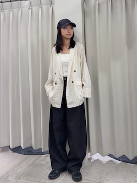 「SENSE OF PLACE by URBAN RESEARCH(センスオブプレイスバイアーバンリサーチ)の『接触冷感』シアーストライプテーラードジャケット(その他アウター、ホワイト系)」を使った、カワグチさん(レディース・164cm)の夏コーディネート